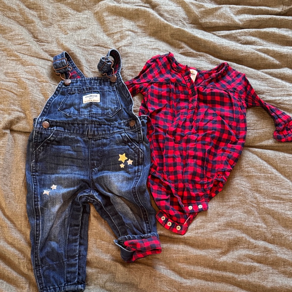 OshKosh B'gosh Dark Blue Denim Overalls with Red Plaid Bodysuit